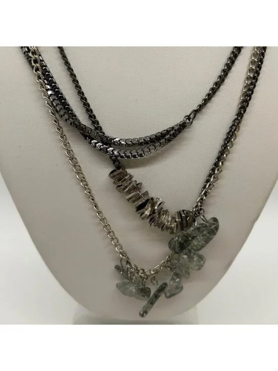 Calvin Klein Multi-Strand Layered Statement Necklace Gunmetal & Silver Chain Wit - Picture 2 of 11